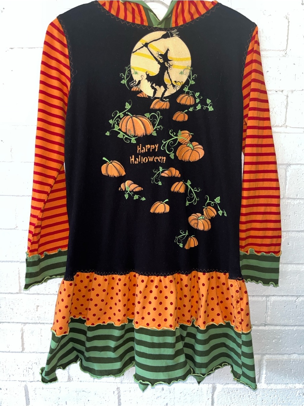 Boutique Halloween Dress with Hood Graphic Design ofWitch Black Cat & Pumpkins